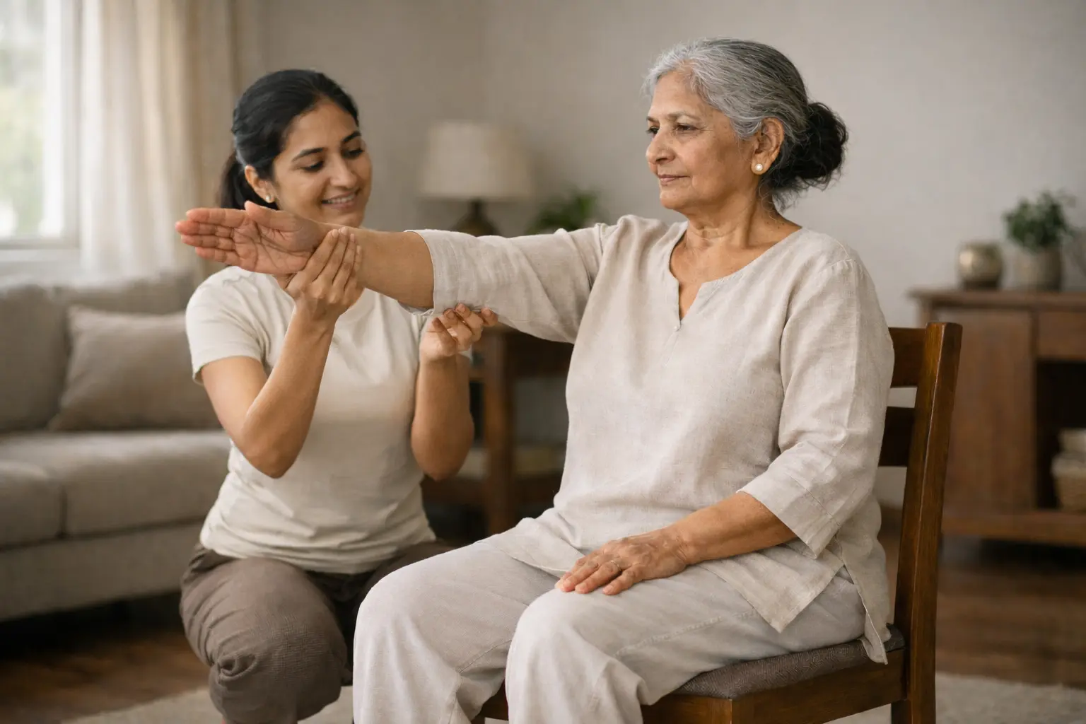 Senior yoga at home with trainer