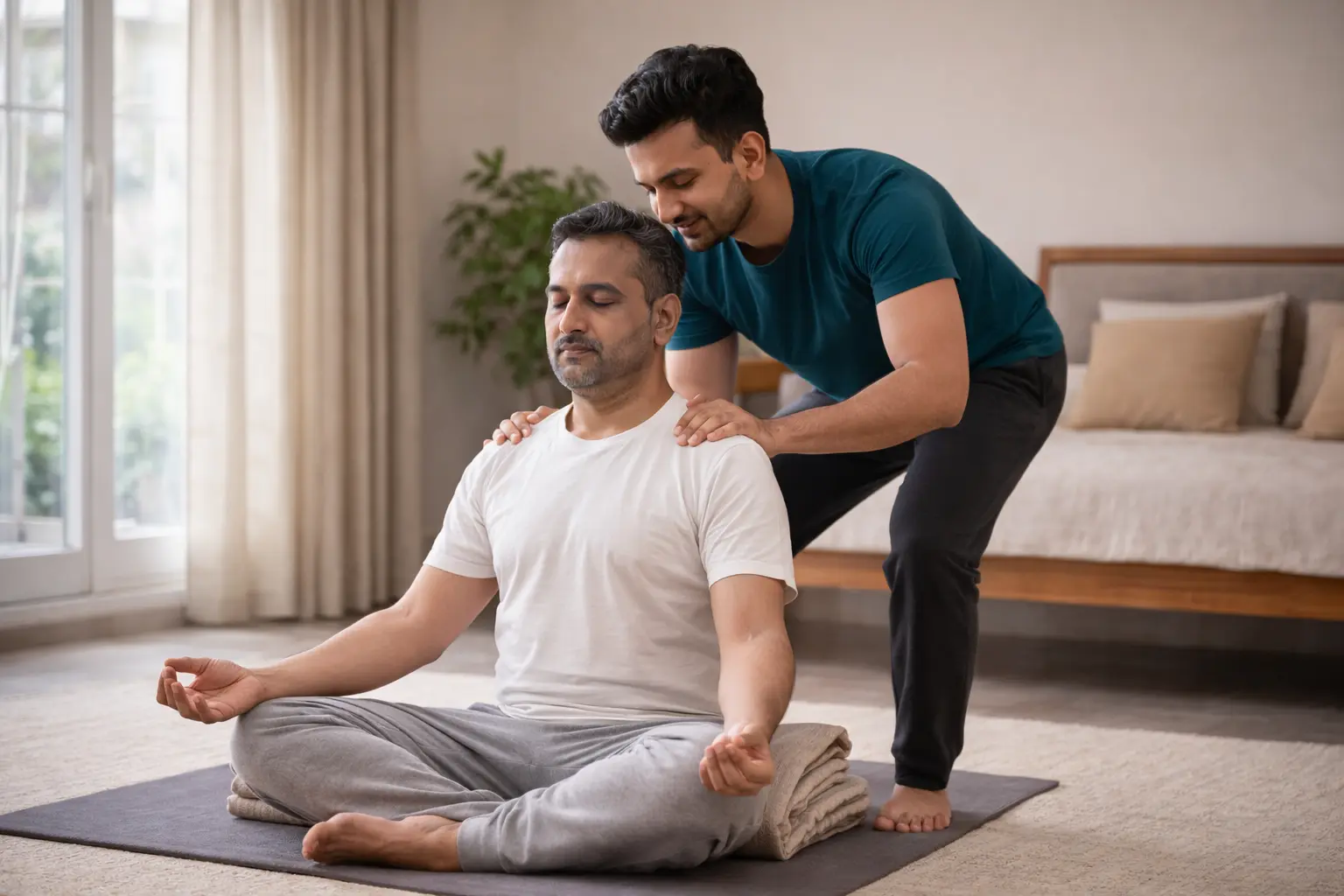 Pranayama and calming yoga for stress and anxiety at home in Delhi NCR